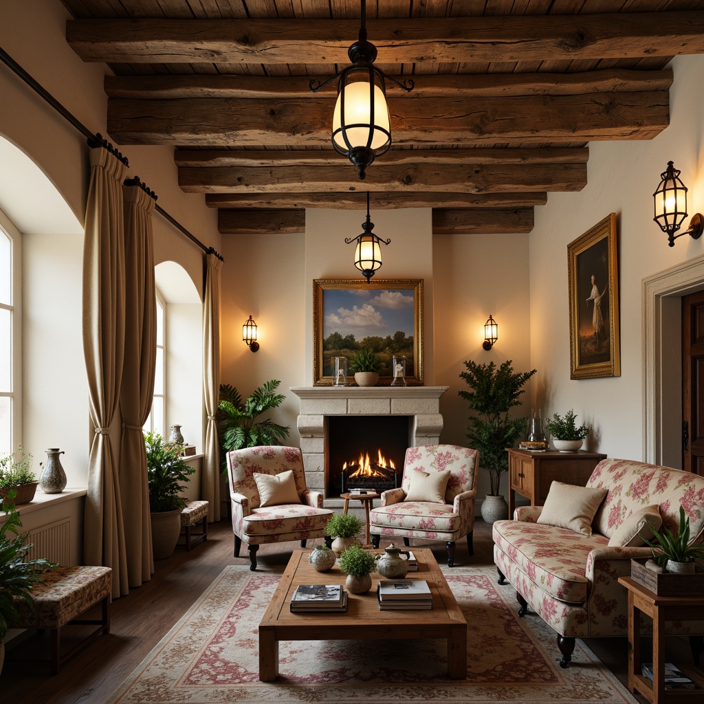 Prompt: Rustic French country interior, soft warm lighting, creamy candlelight, distressed wood beams, elegant chandeliers, pendant lanterns, natural linen shades, ornate metal fixtures, vintage apothecary jars, floral patterned fabrics, plush velvet upholstery, rich wooden furniture, stone fireplaces, cozy reading nooks, warm beige walls, creamy whites, soft sage greens, distressed finishes, antique accessories, softbox lighting, 1/1 composition, intimate ambiance.