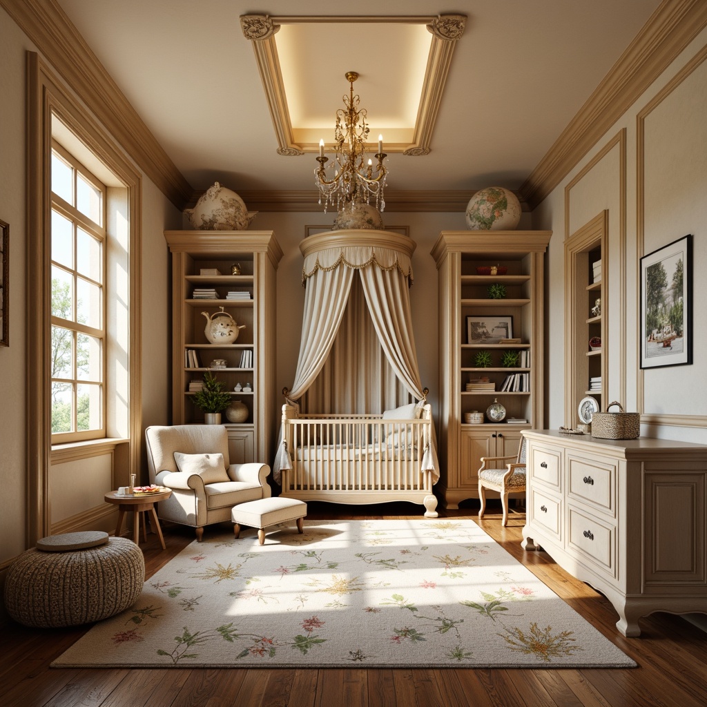 Prompt: Renaissance-style nursery, rich wooden accents, ornate furnishings, soft cream colors, gentle warm lighting, plush area rugs, hardwood floors, distressed finishes, vintage-inspired decor, antique furniture pieces, elegant chandeliers, luxurious fabrics, sophisticated patterns, kid-friendly durable flooring options, scratch-resistant surfaces, stain-proof materials, easy-to-clean designs, whimsical wall murals, fantasy-inspired artwork, golden accents, subtle texture contrasts, warm beige tones, cozy reading nooks, built-in shelving units, soft pastel hues.