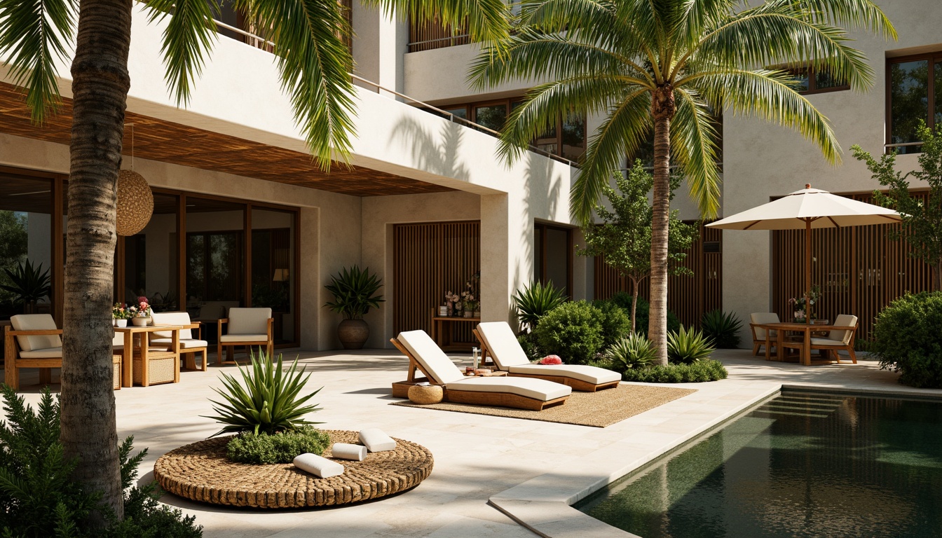 Prompt: Lush tropical gardens, exotic palm trees, vibrant floral arrangements, wooden accents, natural stone walls, open-air courtyards, large windows, sliding glass doors, high ceilings, airy spaces, warm beige tones, rattan furniture, woven textiles, earthy color palette, soft diffused lighting, 1/1 composition, shallow depth of field, realistic shadows, ambient occlusion.Let me know if you need any adjustments!