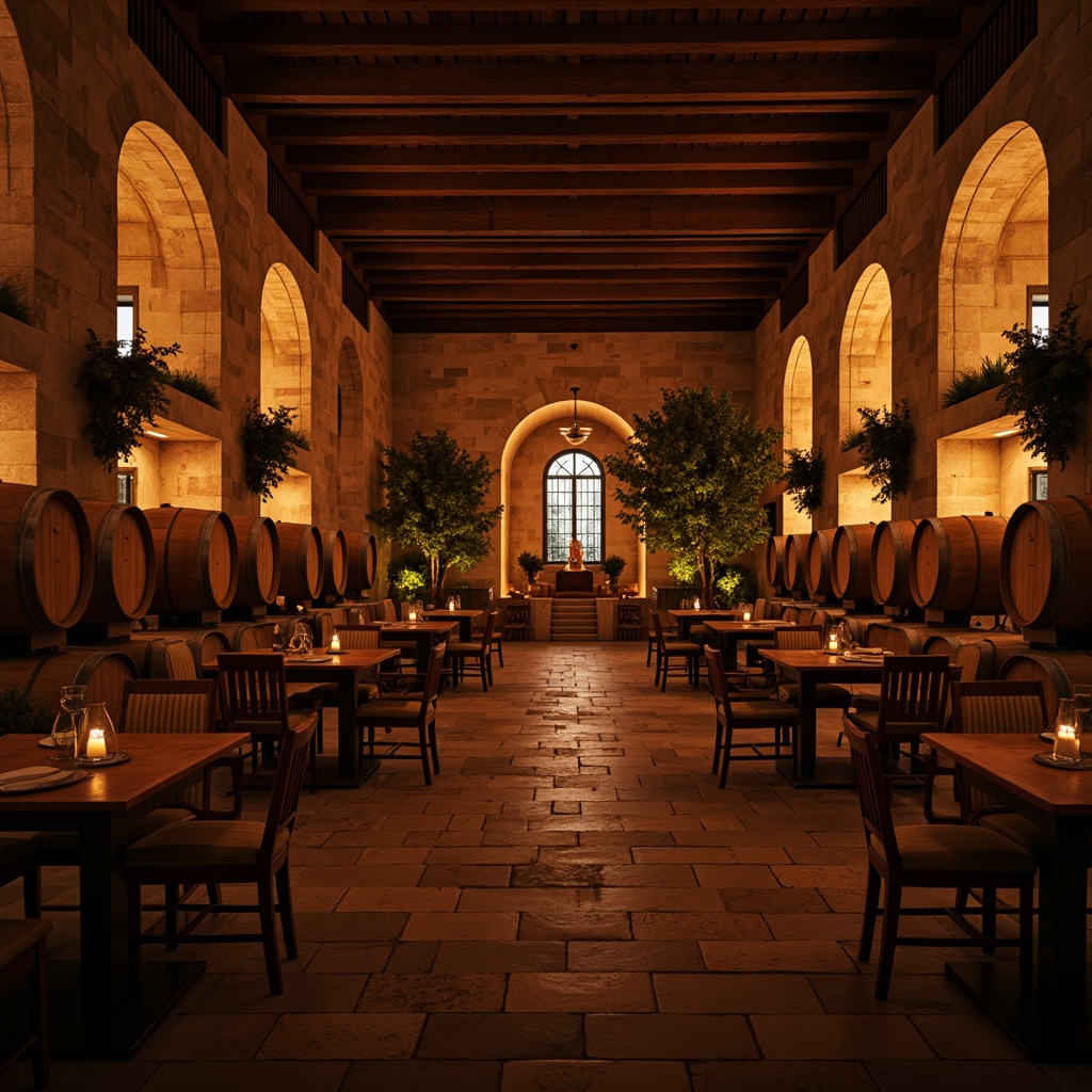 Prompt: Warm winery interior, rustic wooden barrels, dimmed ambient lighting, soft warm glow, candlelit tables, vintage wine crates, earthy stone walls, rich wood tones, cozy nooks, intimate seating areas, golden hour lighting, shallow depth of field, 1/2 composition, realistic textures, subtle color grading.