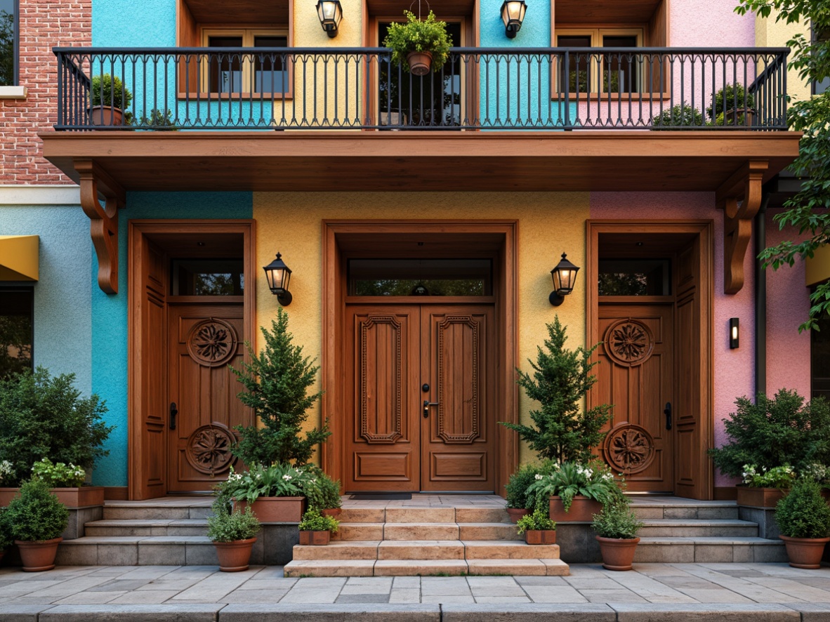 Prompt: Vibrant colorful fa\u00e7ade, ornate wooden doors, eclectic mix of materials, distressed brick walls, vintage metal lanterns, intricate stone carvings, grandiose entranceways, asymmetrical compositions, playful use of textures, bold geometric patterns, ornamental railings, whimsical decorative accents, lush greenery, overgrown vines, rustic wooden beams, distressed finishes, warm cozy lighting, shallow depth of field, 1/2 composition, cinematic view, realistic rendering.