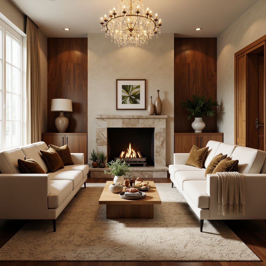 Prompt: Warm beige walls, rich walnut wood accents, soft cream upholstery, velvety brown throw pillows, natural stone fireplace, elegant chandelier lighting, subtle patterned rugs, comfortable sectional sofas, decorative vases, botanical prints, earthy tone ceramics, warm golden lighting, 1/1 composition, shallow depth of field, realistic textures, ambient occlusion.