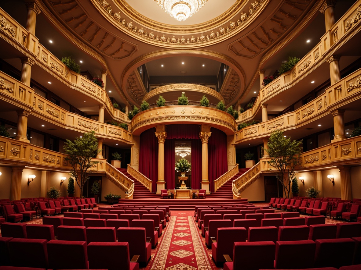 Prompt: Elegant opera house interior, grand staircase, ornate balconies, luxurious red velvet seats, golden decorative accents, crystal chandeliers, majestic stage, proscenium arch, richly patterned carpets, intricate moldings, high ceilings, dramatic spotlights, soft warm glow, 3/4 composition, symmetrical layout, central foyer, sweeping curves, grand entrance, opulent materials, refined textures, ambient occlusion.