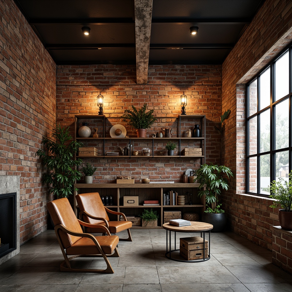 Prompt: Exposed brick walls, metal beam ceilings, reclaimed wood shelves, vintage industrial lamps, distressed leather armchairs, wooden crates, metal frame coffee tables, rustic metal bookshelves, worn stone floors, urban loft atmosphere, warm cozy lighting, shallow depth of field, 1/2 composition, realistic textures, ambient occlusion.