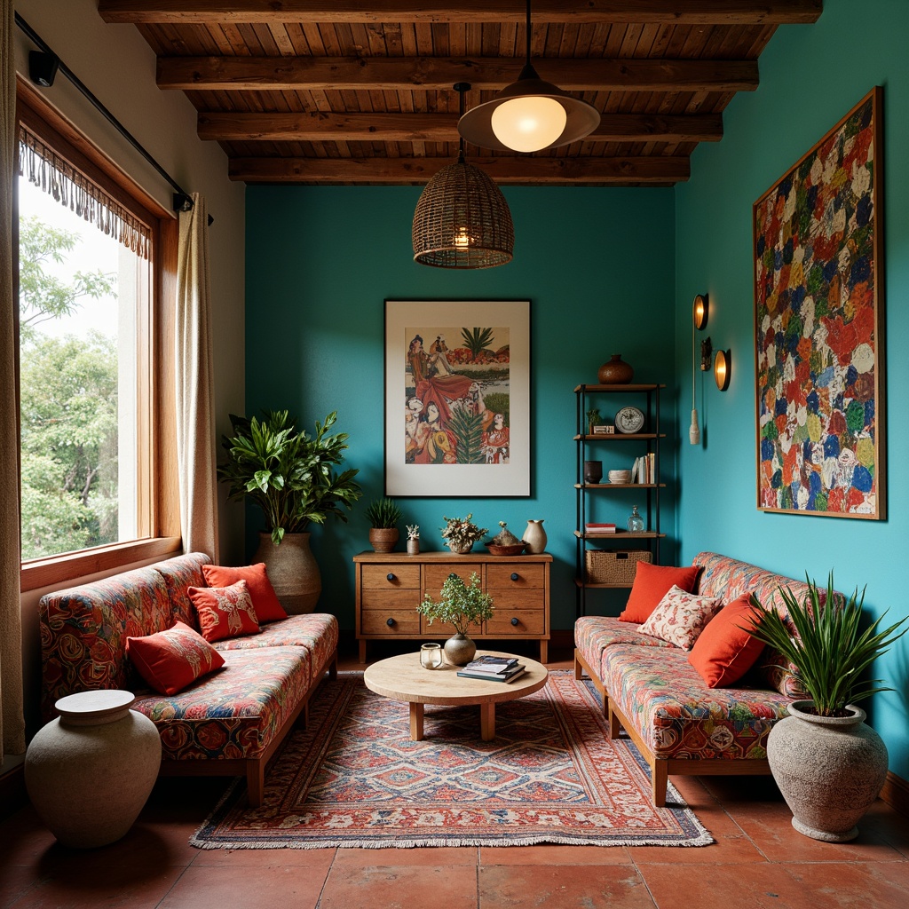 Prompt: Vibrant bohemian interior, rich jewel tones, bold turquoise walls, warm terracotta floors, distressed wood accents, eclectic furniture mixes, velvet upholstery, patterned rugs, macrame textiles, woven baskets, natural fiber drapes, industrial metal lighting, reclaimed wood shelving, abstract artwork, global-inspired accessories, Moroccan tiles, Indian prints, African patterns, layered textures, atmospheric warm lighting, shallow depth of field, 1/1 composition, realistic renderings.