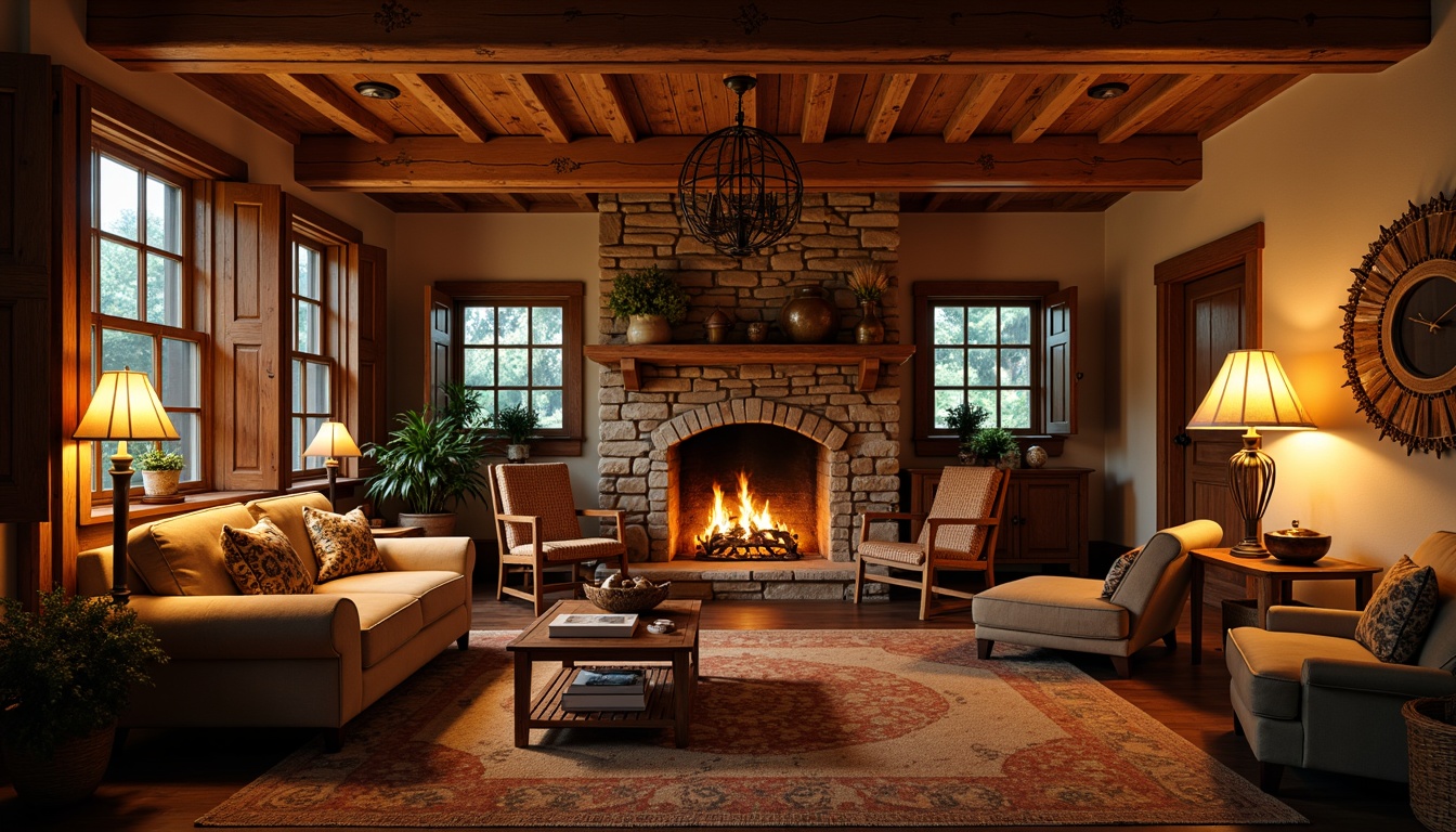 Prompt: Warm and inviting living room, wooden beams, natural stone fireplace, cozy reading nook, vintage furniture pieces, earthy color palette, warm golden lighting, table lamps, floor lamps, pendant lights, rustic metal fixtures, wooden shutters, woven textiles, plush area rugs, comfortable seating areas, soft warm glow, intimate ambiance, shallow depth of field, 1/1 composition, realistic textures, ambient occlusion.