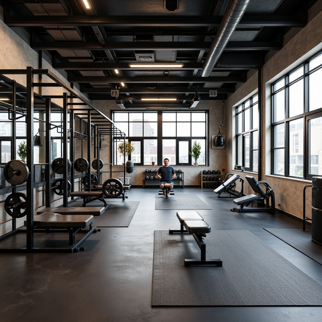 Prompt: Modern home gym, industrial-style decor, metallic equipment frames, rubber flooring, mirrored walls, professional lighting, adjustable dumbbells, Olympic weightlifting platforms, folding benches, exercise mats, hanging punching bags, wall-mounted pull-up bars, sound systems, ventilated ceilings, large windows, natural daylight, urban loft atmosphere, high-ceiling space, open layout, 1/1 composition, realistic textures, ambient occlusion.