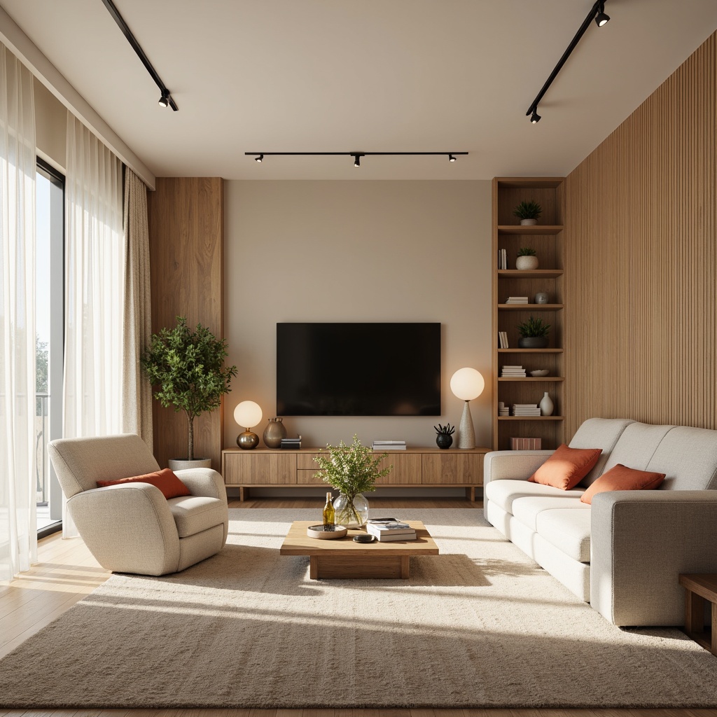 Prompt: Cozy living room, plush sofa, accent armchair, wooden coffee table, minimalist decor, soft cushions, pastel color scheme, natural light pouring in, sheer curtains, floor-to-ceiling windows, built-in shelves, sleek TV stand, modern lamp fixtures, area rug, warm beige walls, comfortable seating arrangement, functional layout, harmonious proportions, 1/2 composition, softbox lighting, subtle textures, ambient atmosphere.