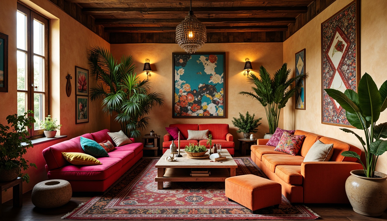 Prompt: Vibrant eclectic interior, rich velvet fabrics, bold bright hues, warm golden lighting, distressed wood accents, ornate metal fixtures, abstract artwork, patterned rugs, eclectic furniture pieces, bohemian textiles, Moroccan-inspired tiles, natural stone walls, lush greenery, whimsical decorative elements, soft warm glow, shallow depth of field, 1/1 composition, realistic textures.