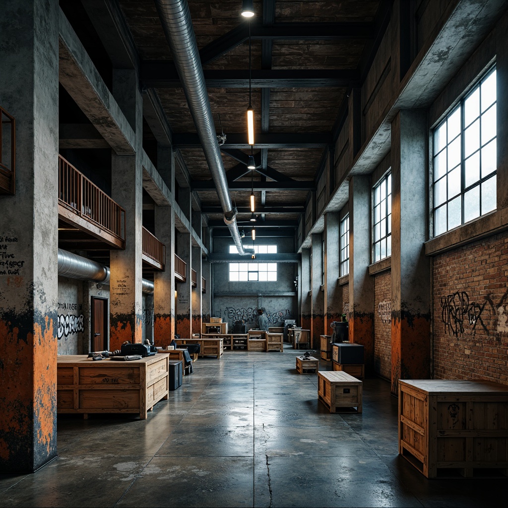 Prompt: Industrial factory setting, exposed ductwork, metal beams, raw concrete walls, distressed brick textures, rusty steel accents, worn wooden crates, urban graffiti, industrial lighting fixtures, metallic color palette, deep blues and greys, warm orange hues, weathered copper tones, dimly lit atmosphere, low-key shadows, 1/1 composition, cinematic camera angles, gritty realistic textures, ambient occlusion.