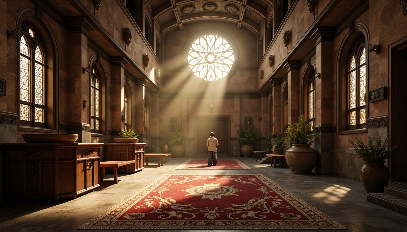 Prompt: Medieval-inspired grand hall, ornate stone walls, vaulted ceilings, stained glass windows, dark wood paneling, richly patterned rugs, intricate mosaic floors, polished marble surfaces, ornamental metalwork, mystical ambiance, dramatic lighting, high contrast, atmospheric fog, cinematic composition, symmetrical framing, warm golden tones, mysterious shadows.