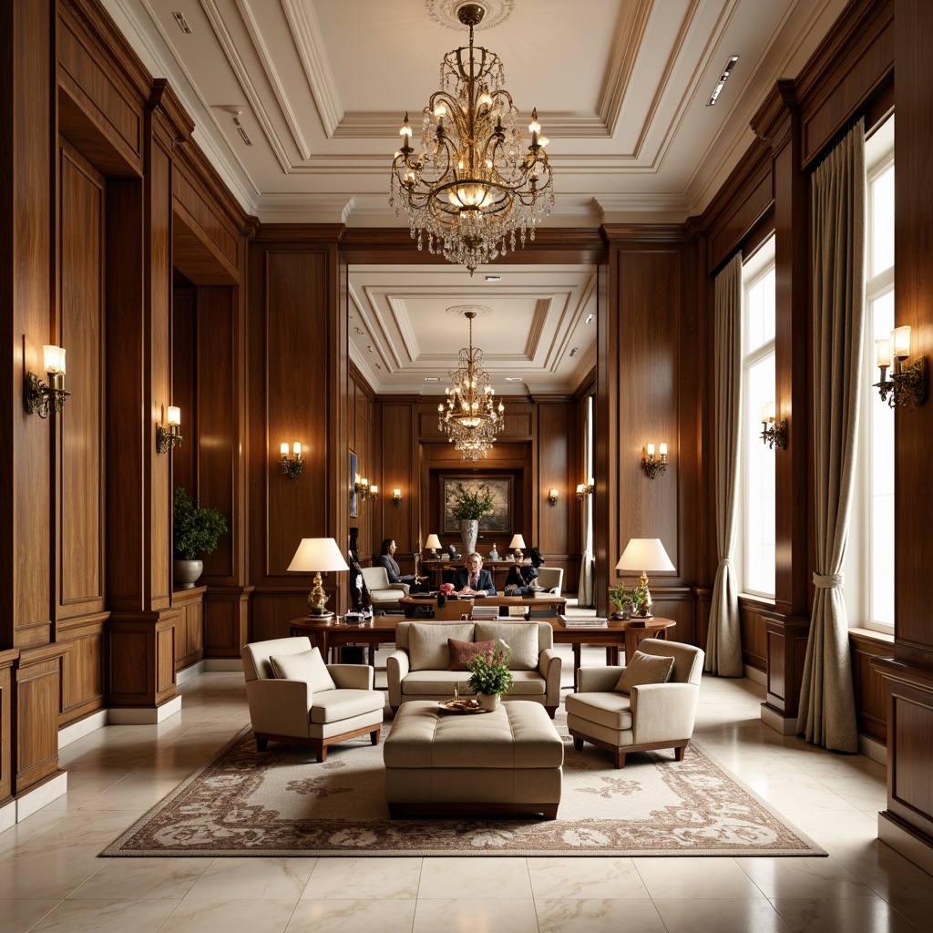 Prompt: Elegant office interior, neoclassical architecture, ornate details, refined wood paneling, creamy marble floors, crystal chandeliers, bronze sconces, stylish pendant lights, luxurious fabrics, rich leather furniture, subtle warm glow, softbox lighting, 1/1 composition, symmetrical arrangement, realistic reflections, ambient occlusion.