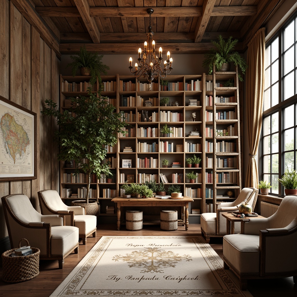 Prompt: Rustic bookshelves, distressed wood accents, vintage ladder bookcases, soft warm lighting, comfortable plush armchairs, rich velvet drapes, ornate metal chandeliers, reclaimed wooden floors, stone walls, cozy reading nooks, classic French country decor, antique furniture pieces, elegant script typography, leather-bound books, decorative vintage maps, earthy color palette, natural textures, warm beige tones, inviting atmosphere, intimate seating areas, floor-to-ceiling windows, charming outdoor courtyards, lush greenery.