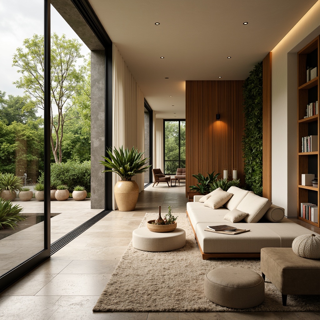 Prompt: Vibrant living room, floor-to-ceiling windows, sliding glass doors, natural stone flooring, wooden accents, greenery walls, modern minimalist furniture, soft warm lighting, indirect sunlight, cozy reading nooks, comfortable plush sofas, nature-inspired color palette, earthy tones, warm beige walls, creamy white ceilings, subtle textures, 1/1 composition, gentle bokeh effect, realistic ambiance.