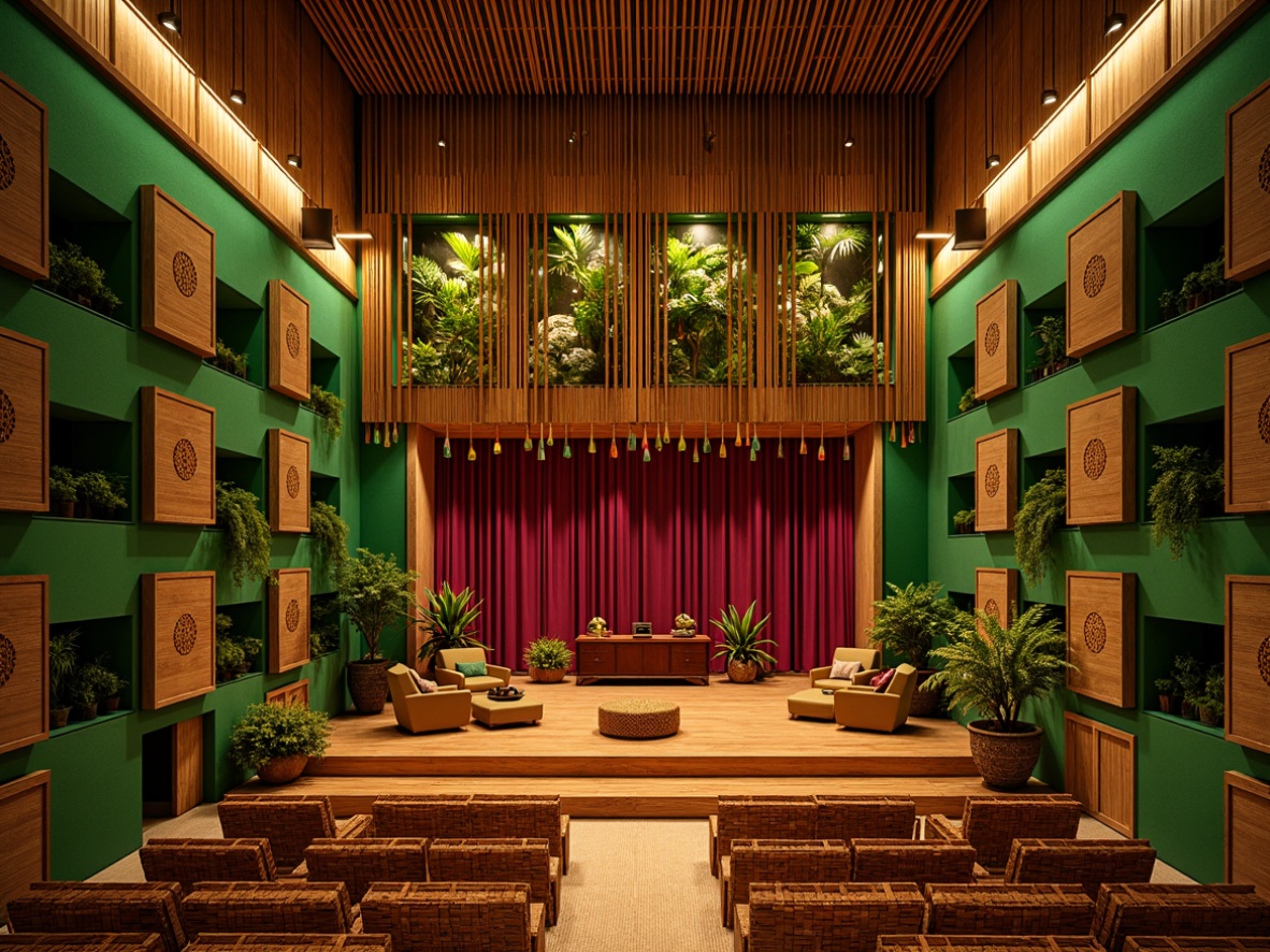 Prompt: Vibrant tropical theater, lush green walls, natural wood accents, woven bamboo seating, colorful tassel drapery, warm ambient lighting, rich velvet curtains, intricate carvings, exotic wooden patterns, sound-absorbing acoustic panels, geometric shapes, sleek metal frames, suspended from ceiling, soft cushioning, intimate setting, warm golden tones, shallow depth of field, 1/1 composition, realistic textures, ambient occlusion.