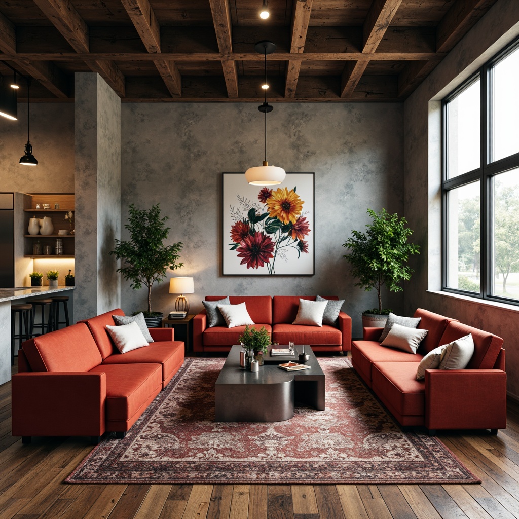 Prompt: Richly upholstered velvet sofas, sleek metallic coffee tables, distressed wooden flooring, soft plush area rugs, industrial concrete walls, vibrant abstract artwork, minimalist pendant lighting, natural woven fiber textiles, luxurious marble countertops, rustic reclaimed wood accents, warm ambient LED illumination, shallow depth of field, 1/1 composition, realistic material rendering.