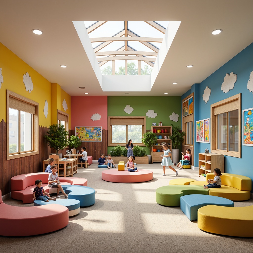 Prompt: Vibrant kindergarten interior, open play areas, colorful wall murals, soft carpet flooring, natural wood accents, modern minimalist furniture, circular reading nooks, cozy corners, educational display boards, interactive learning tools, flexible seating arrangements, abundant natural light, clerestory windows, high ceilings, playful texture combinations, whimsical decorative elements, stimulating artwork displays, collaborative activity zones, sensory exploration areas, calming atmosphere, soft warm lighting, shallow depth of field, 1/1 composition, realistic textures, ambient occlusion.