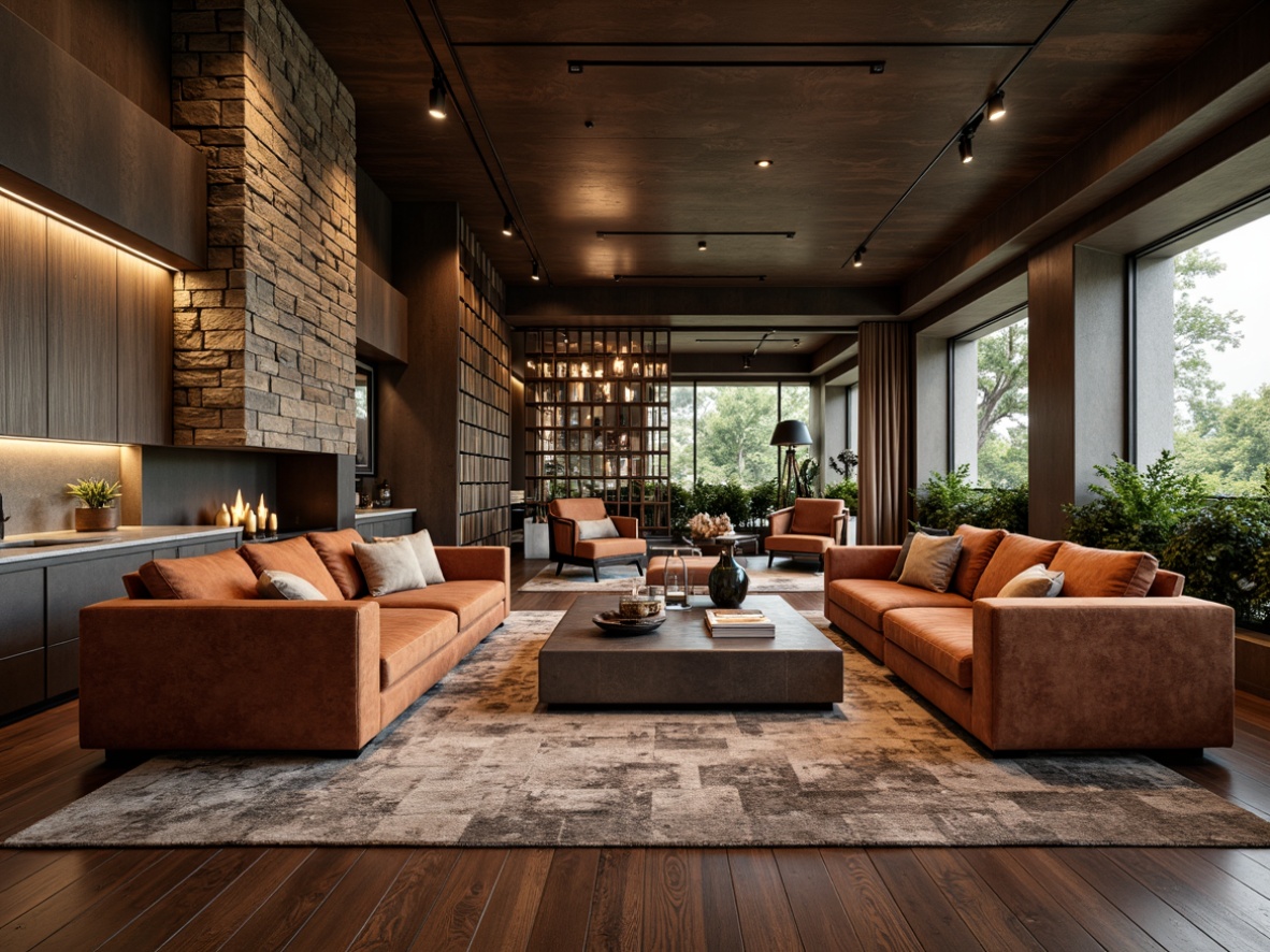 Prompt: Luxurious living room, velvety soft sofas, rich wood flooring, rugged stone walls, metallic accents, smooth marble countertops, plush area rugs, natural fiber upholstery, industrial chic lighting fixtures, dramatic ceiling heights, warm ambient glow, shallow depth of field, 1/1 composition, realistic textures, ambient occlusion.