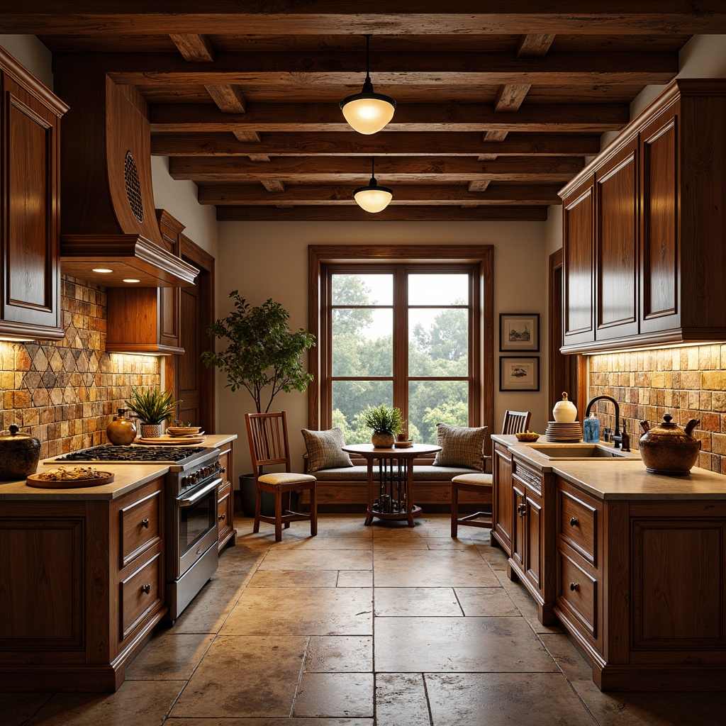 Prompt: Warm traditional kitchen, ornate cabinetry, rich wood tones, elegant countertops, stunning backsplashes, intricate tilework, subtle lighting, soft warm glow, rustic brick walls, distressed wooden beams, antique furniture pieces, vintage appliances, earthy color palette, natural stone flooring, decorative metal accents, ornamental cookware, inviting breakfast nook, cozy window seat, 3/4 composition, shallow depth of field, realistic textures, ambient occlusion.