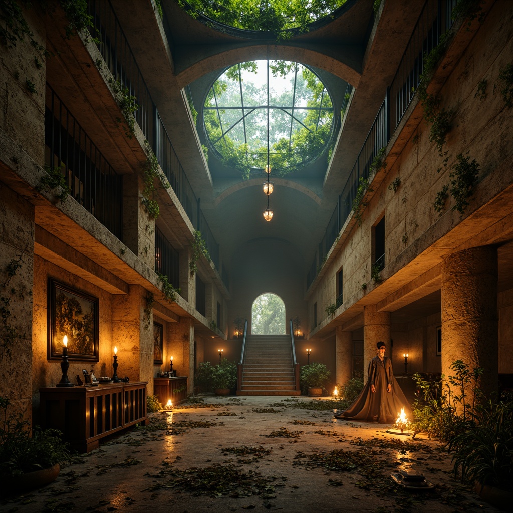 Prompt: Mysterious abandoned temple, crumbling stone walls, overgrown vines, flickering torches, warm golden lighting, eerie shadows, misty atmosphere, ancient artifacts, intricate carvings, mysterious relics, dimly lit corridors, narrow staircases, grand halls, high ceilings, ornate chandeliers, soft glowing candles, subtle color grading, 1/2 composition, cinematic depth of field, realistic ambient occlusion.