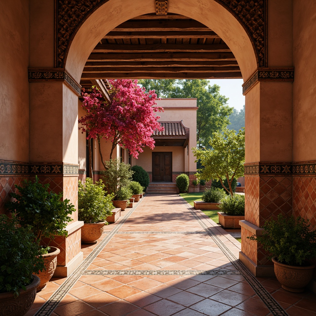 Prompt: Richly patterned tiles, warm terracotta hues, ornate Moroccan arches, lush greenery, vibrant bougainvillea flowers, distressed wood accents, rustic stone walls, soft warm lighting, shallow depth of field, 3/4 composition, panoramic view, realistic textures, ambient occlusion.