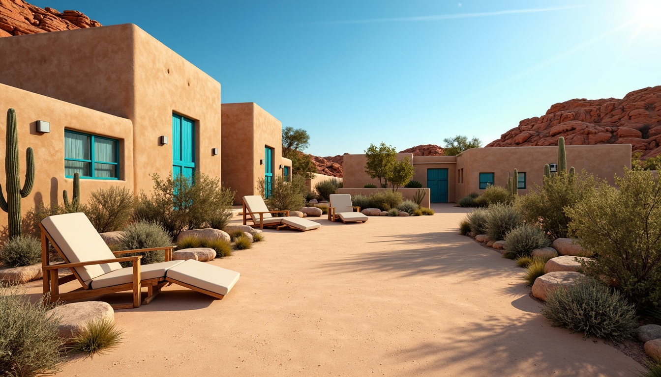 Prompt: Vibrant desert landscape, sandy beige terrain, turquoise accents, cactus silhouettes, warm sunny day, clear blue sky, adobe architecture, earthy red rock formations, rustic wooden textures, woven Native American patterns, terracotta pottery inspirations, soft warm lighting, shallow depth of field, 3/4 composition, panoramic view, realistic textures, ambient occlusion.