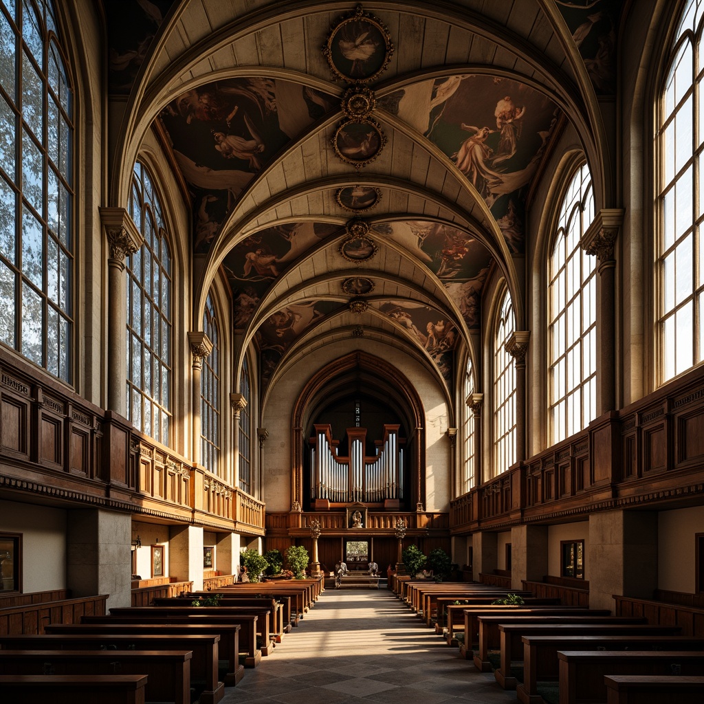 Prompt: Grandiose cathedral ceilings, ornate stone carvings, stained glass windows, vaulted arches, rich wooden furnishings, intricate frescoes, majestic pipe organs, dimly lit ambiance, eerie shadows, resonant reverberations, warm golden lighting, shallow depth of field, 1/2 composition, panoramic view, realistic textures, ambient occlusion.