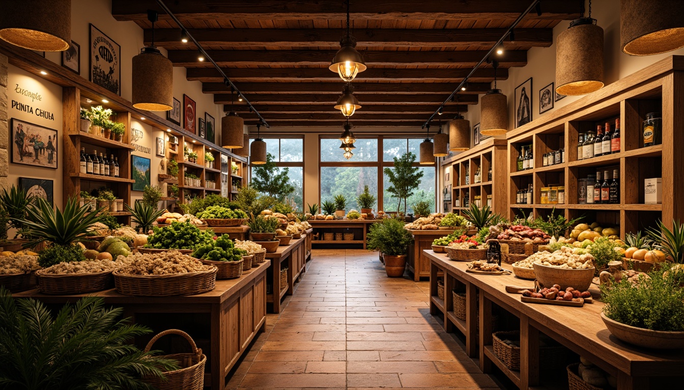 Prompt: Warm Mediterranean grocery store, rustic wooden shelves, ceramic tile flooring, wrought iron chandeliers, pendant lamps with terracotta shades, distressed metal lanterns, soft warm lighting, ambient glow, cozy atmosphere, vintage-inspired signs, earthy color palette, natural stone walls, woven wicker baskets, lush greenery, fresh produce displays, aromas of herbs and spices, shallow depth of field, 1/1 composition, realistic textures, subtle warm highlights.