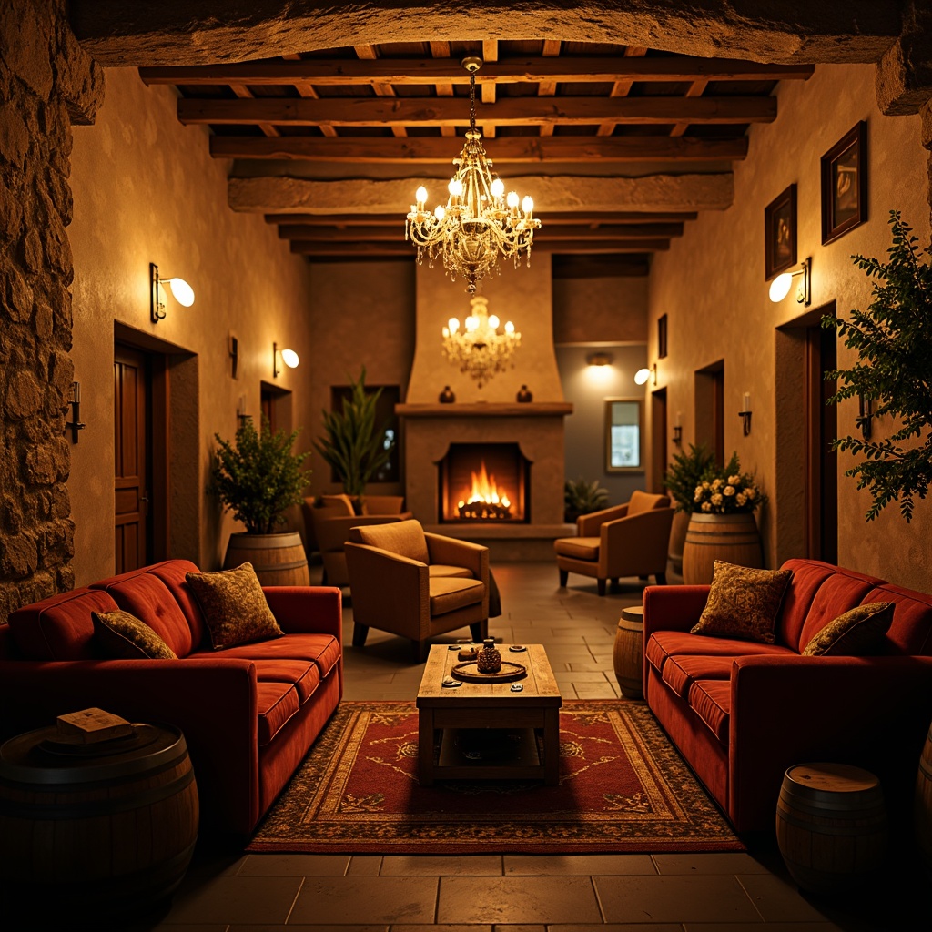 Prompt: Rustic winery interior, warm golden lighting, dimmed chandeliers, wooden barrels, vintage wine crates, earthy stone walls, rich wood tones, cozy fireplaces, plush velvet sofas, soft candlelight, misty atmosphere, subtle shadows, warm color palette, intimate ambiance, 1/2 composition, shallow depth of field, soft focus, realistic textures.