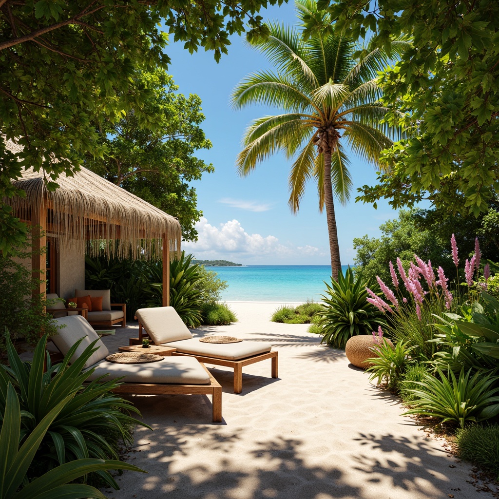 Prompt: Vibrant tropical oasis, lush green foliage, exotic flowers, warm sandy beach, crystal-clear turquoise water, rustic wooden accents, woven rattan furniture, natural fiber textiles, sunny bright lighting, soft warm shadows, shallow depth of field, 1/1 composition, realistic render, ambient occlusion, inviting atmosphere.