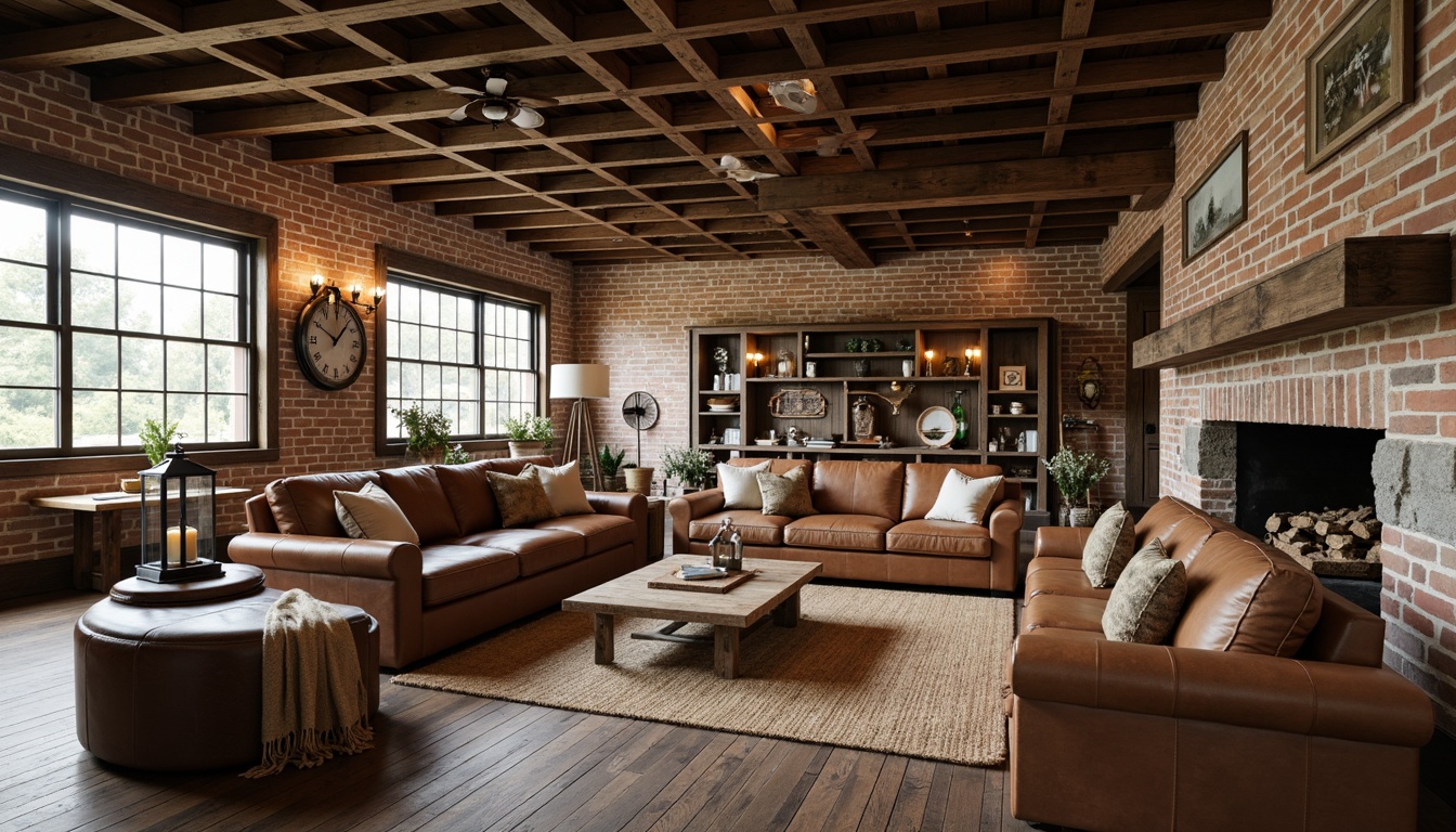 Prompt: Rustic farmhouse interior, reclaimed wood accents, industrial metal beams, exposed brick walls, vintage machinery parts, distressed leather sofas, wooden coffee tables, metal lanterns, woven jute rugs, natural stone fireplaces, minimalist decor, earthy color palette, warm soft lighting, shallow depth of field, 1/1 composition, realistic textures, ambient occlusion.