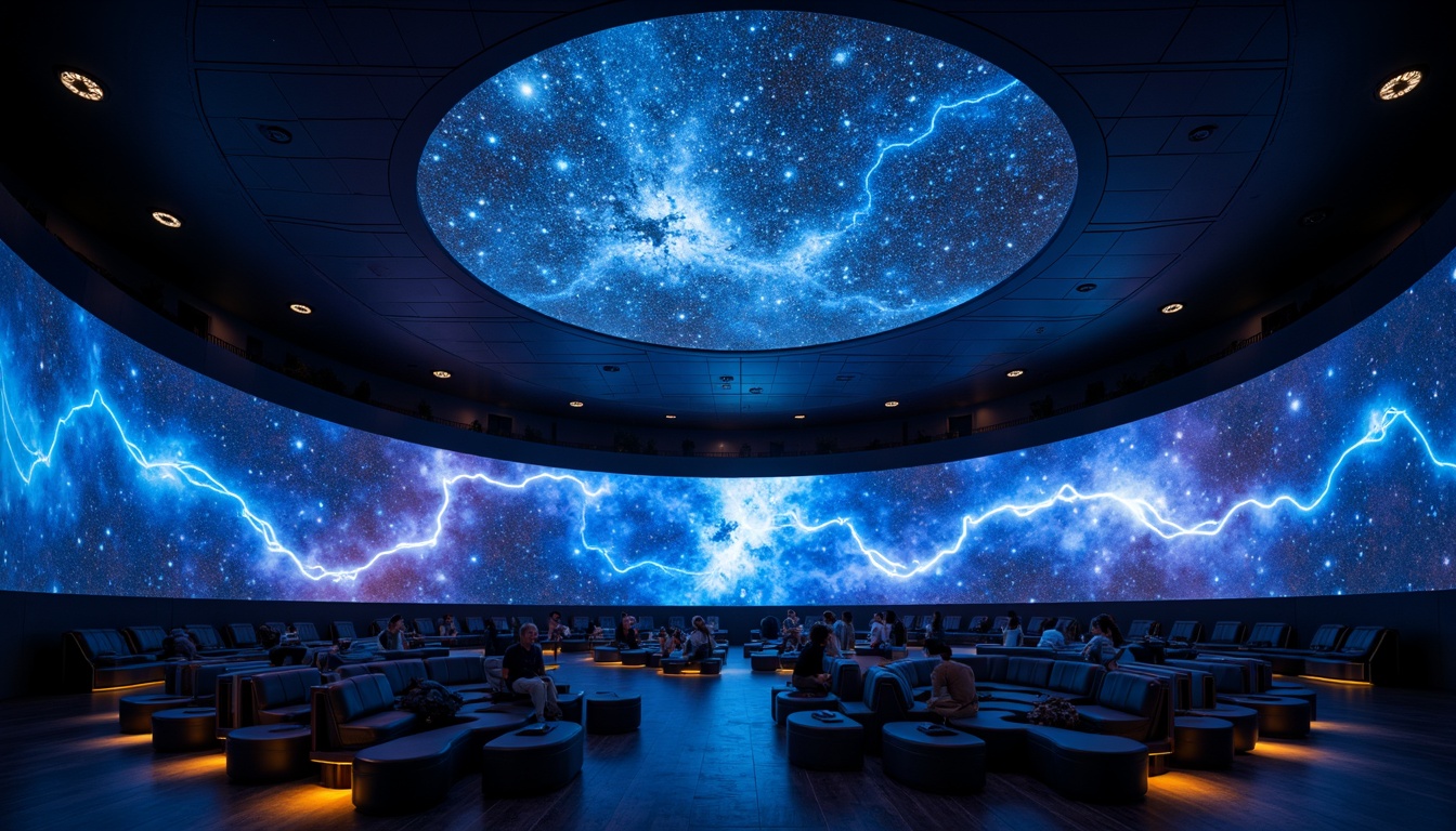 Prompt: Cosmic planetarium interior, dark blue ceiling, twinkling starry night sky, projection mapping technology, immersive dome screen, surround sound system, comfortable seating areas, futuristic astronautical decorations, neon-lit constellation patterns, soft glowing ambiance, color-shifting LED lights, fiber-optic starlight installation, 3D celestial body projections, atmospheric mist effects, panoramic viewing experience, realistic astronomical visuals, subtle shimmering highlights, high-contrast Ratio lighting, dramatic spotlighting, ambient occlusion.