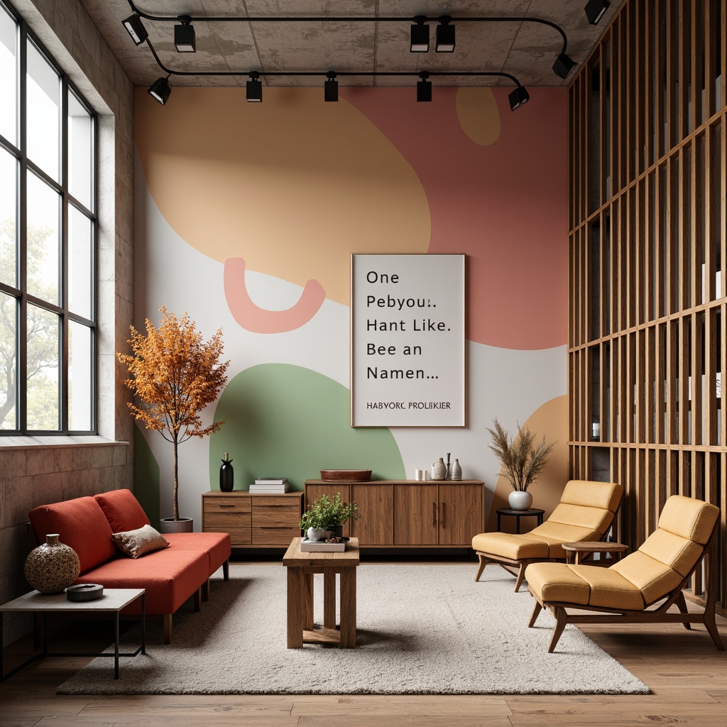 Prompt: Vibrant design studio, modern aesthetic, bold typography, pastel accent walls, rich wooden furniture, metallic decorative accents, softbox lighting, 3-point composition, atmospheric perspective, realistic renderings, subtle textures, ambient occlusion.