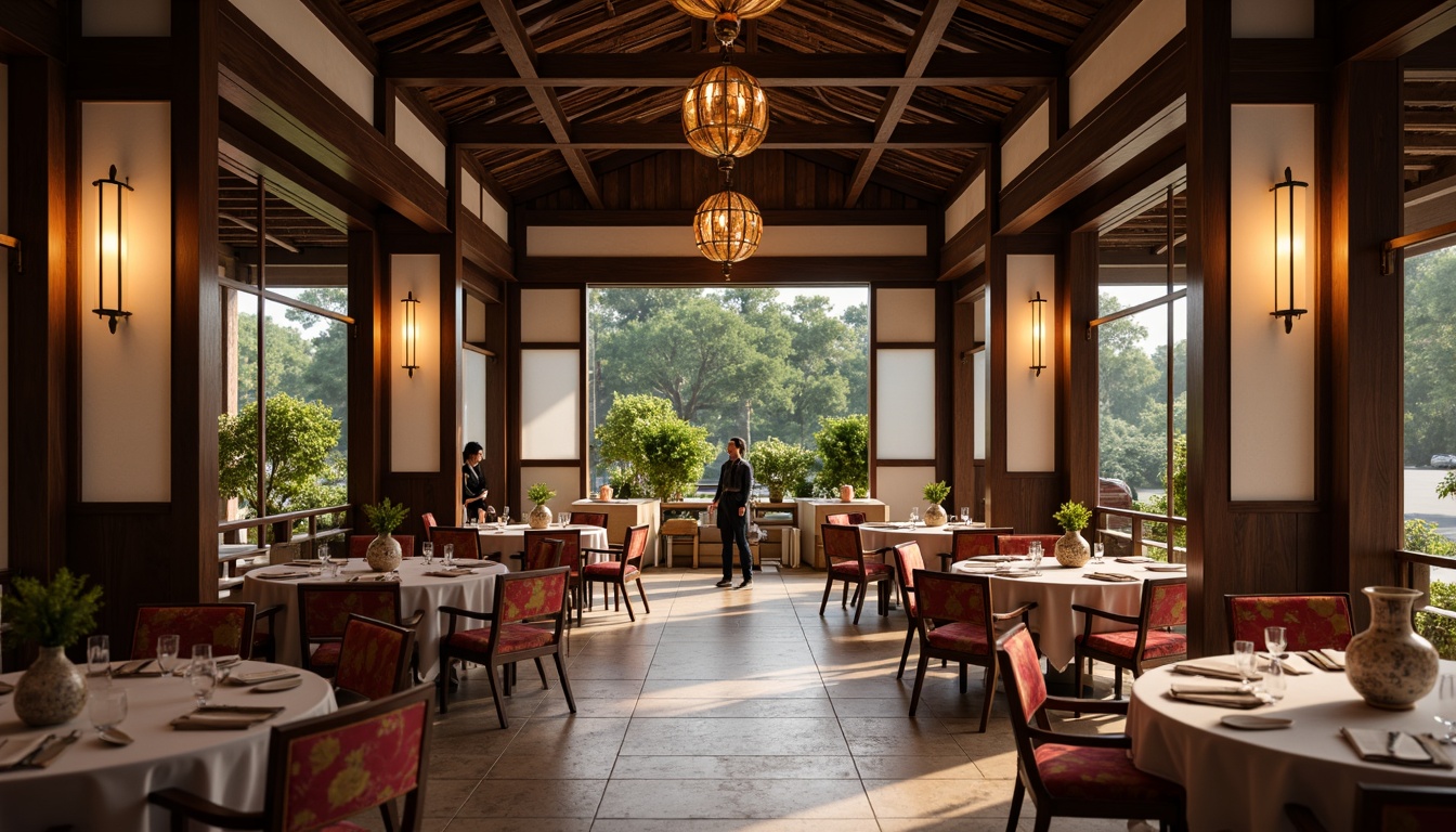 Prompt: Traditional Asian-style dining hall, elegant wooden furniture, intricately carved chairs, ornate tables, vibrant silk fabrics, delicate ceramic vases, natural stone flooring, warm paper lanterns, sliding shoji doors, minimalist decor, tranquil ambiance, subtle lighting, shallow depth of field, 1/2 composition, realistic textures, ambient occlusion.