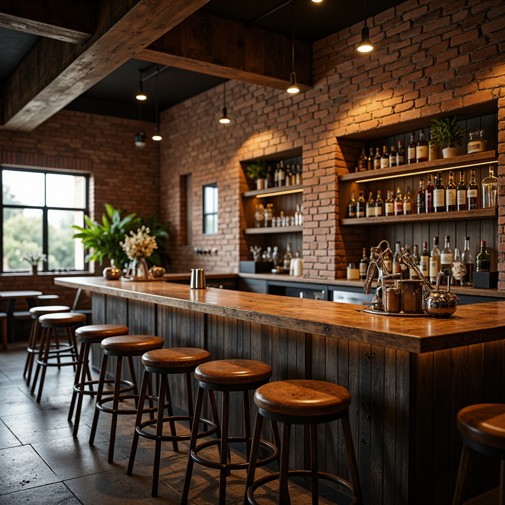 Prompt: Rustic wooden bar counter, vintage metal stools, distressed leather upholstery, reclaimed wood accents, industrial metal lighting, earthy color palette, natural stone walls, exposed brick textures, warm cozy atmosphere, dim soft lighting, shallow depth of field, 2/3 composition, realistic reflections, ambient occlusion.