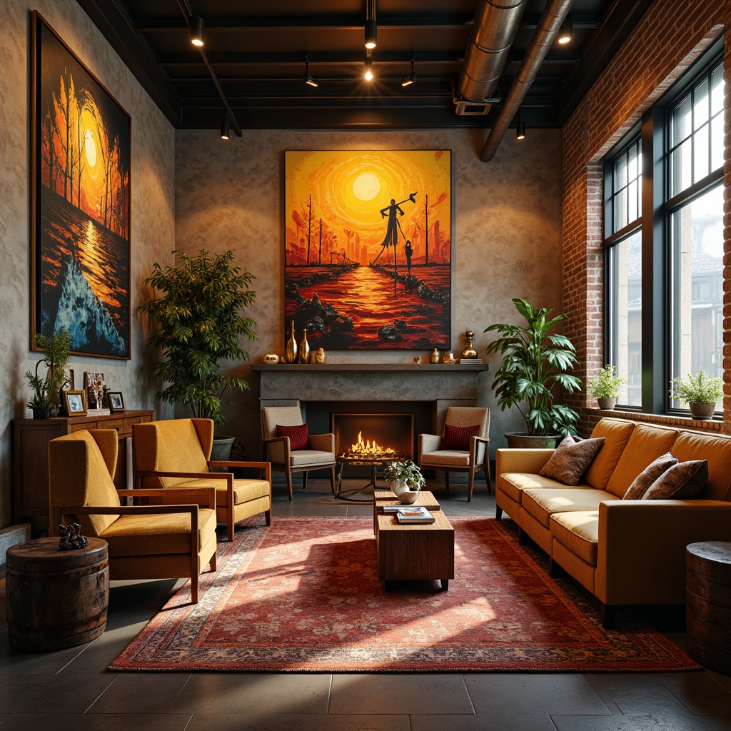 Prompt: Vibrant art studio, eclectic furniture pieces, abstract expressionist paintings, bold brushstrokes, contrasting colors, harmonious balance, warm golden lighting, rich wood textures, luxurious velvet fabrics, metallic accents, industrial chic decor, urban loft atmosphere, atmospheric mist, soft focus, 1/2 composition, cinematic color grading, realistic reflections.