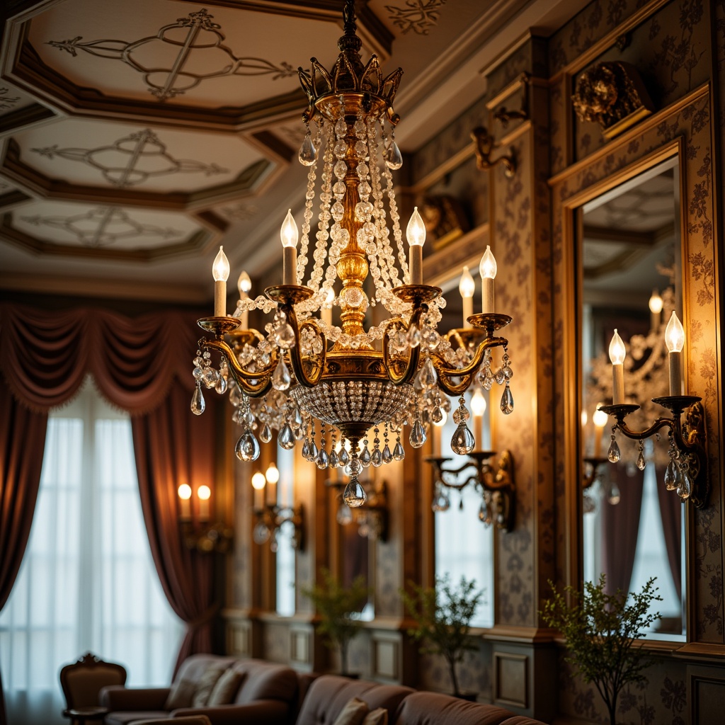 Prompt: Ornate chandeliers, crystal droplets, gilded metalwork, soft warm glow, candelabras, intricately carved wooden fixtures, floral patterns, pastel hues, luxurious fabrics, velvet drapes, ornamental mirrors, delicate furnishings, French Renaissance inspiration, lavish decorations, opulent ambiance, dramatic shadows, golden accents, sparkling crystals, 1/1 composition, shallow depth of field, warm color temperature, elegant reflections.