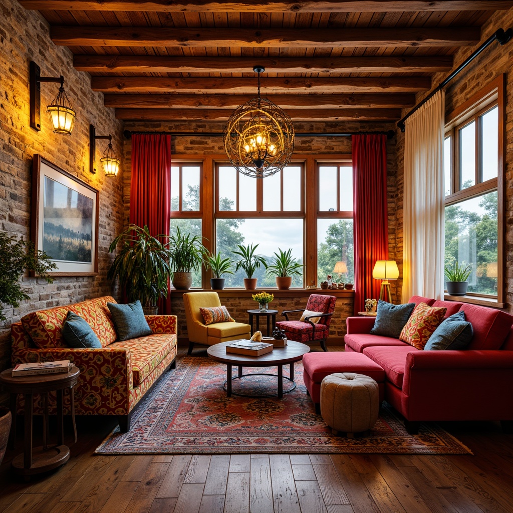 Prompt: Vibrant eclectic home, mix-matched furniture, bold color schemes, ornate textiles, global-inspired patterns, statement lighting fixtures, industrial metal chandeliers, Moroccan lanterns, rustic wooden sconces, neon signs, LED strip lights, warm cozy ambiance, layered window treatments, sheer curtains, patterned rugs, distressed wood floors, plush upholstery, bohemian vibes, eclectic artwork, natural stone walls, exposed brick ceilings, warm golden lighting, softbox illumination, shallow depth of field, 1/1 composition, realistic textures.