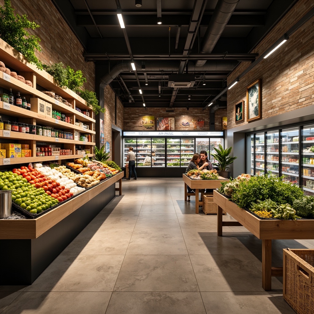 Prompt: Vibrant grocery store interior, polished concrete floors, reclaimed wood shelves, natural stone walls, stainless steel equipment, glass refrigerator doors, minimalist metal racks, warm LED lighting, shallow depth of field, 1/1 composition, realistic textures, ambient occlusion, fresh produce displays, colorful packaging, abundant greenery, earthy tones, modern industrial aesthetic, functional layout, easy navigation, accessible shelving, inviting atmosphere, soft background music.