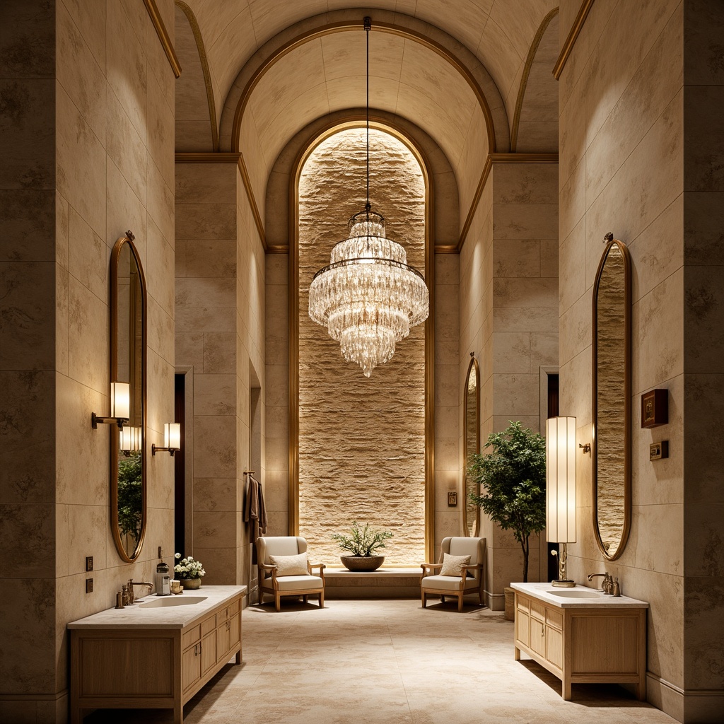 Prompt: Luxurious stone-inspired interior, warm beige tones, natural textures, elegant chandeliers, crystal pendant lights, soft ambient glow, subtle floor lamps, recessed ceiling lighting, dramatic spotlights, rich wood accents, lavish furnishings, sophisticated color palette, velvety soft carpets, refined marble countertops, ornate metal fixtures, grand architectural details, serene atmosphere, warm golden lighting, 1/1 composition, shallow depth of field, realistic reflections.