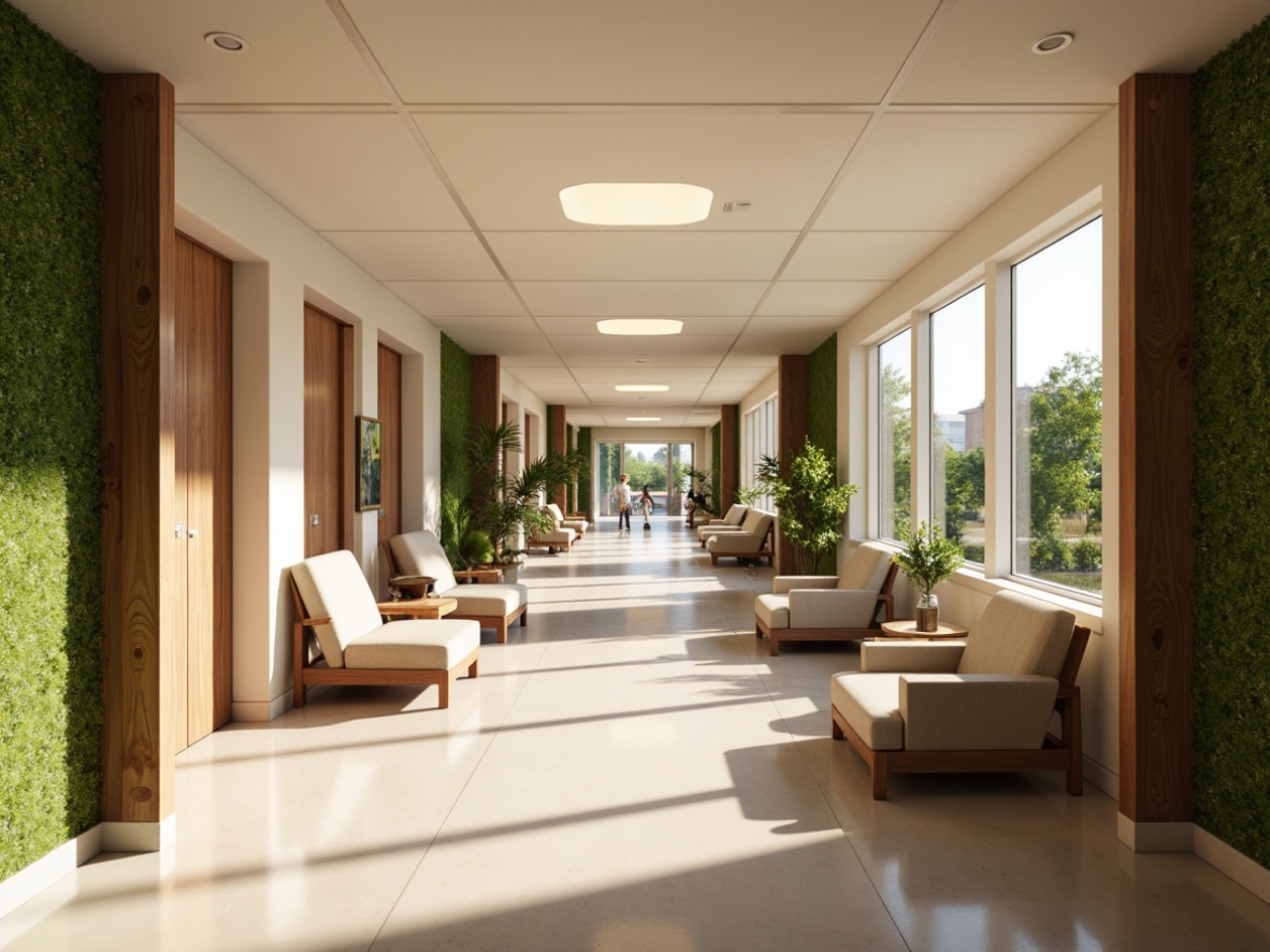 Prompt: Soothing hospital corridors, calming natural light, warm beige tones, gentle LED illumination, soft shadows, peaceful ambiance, comfortable seating areas, lush green walls, serene water features, calming soundscapes, minimalist decorative elements, subtle color schemes, tranquil atmosphere, warm wood accents, soft fabric textures, cozy reading nooks, relaxing music playlists, calming aromatherapy, warm white lighting, 1/1 composition, shallow depth of field, realistic renderings.