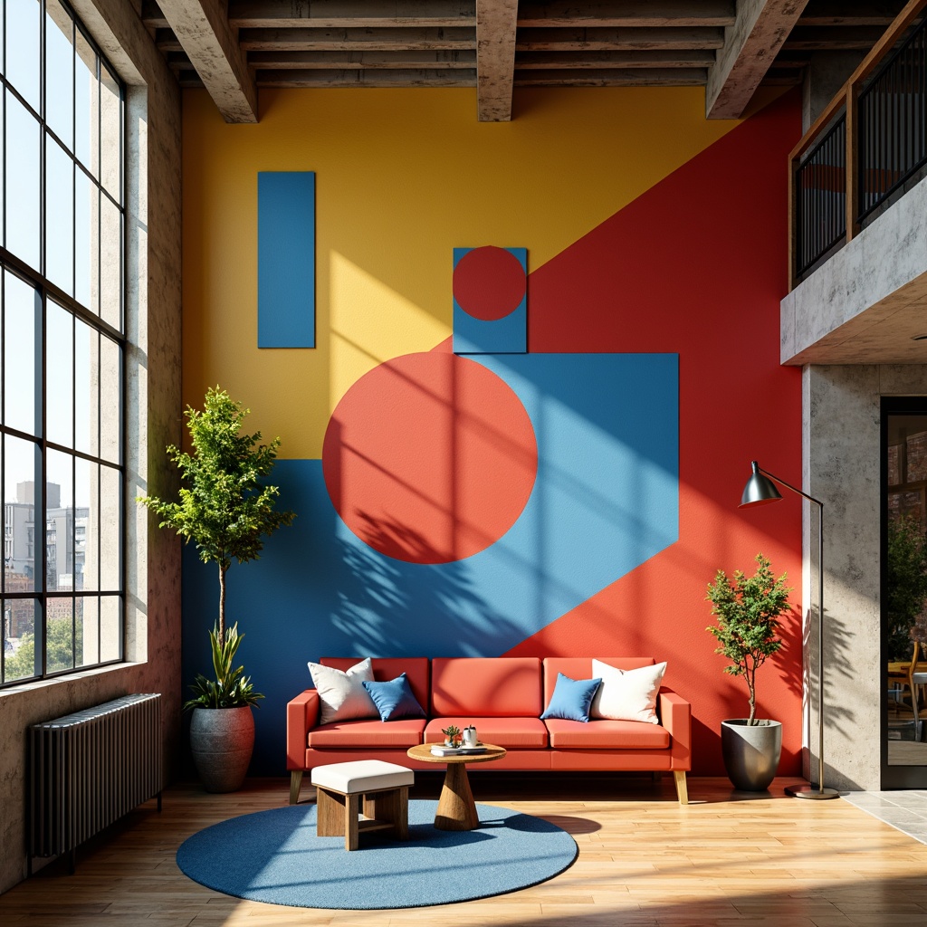 Prompt: Vibrant Bauhaus interior, bold geometric shapes, primary color scheme, bright red accents, deep blue tones, sunny yellow hues, sleek metal fixtures, polished chrome details, industrial textures, rough concrete walls, smooth wooden floors, minimalist decor, functional furniture designs, angular lines, rectangular forms, graphic patterns, abstract artwork, natural light pouring in, soft warm glow, 1/1 composition, realistic renderings.