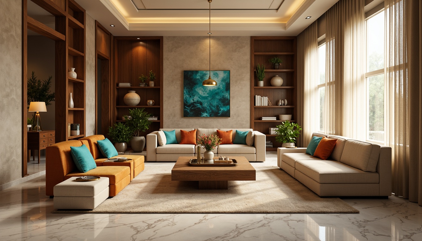 Prompt: Cozy living room, warm beige walls, rich walnut wood furniture, soft velvet upholstery, golden bronze accents, vibrant turquoise decorative accessories, natural light pouring in, creamy white marble flooring, plush area rugs, intimate seating arrangements, warm ambient lighting, shallow depth of field, 1/1 composition, realistic textures.