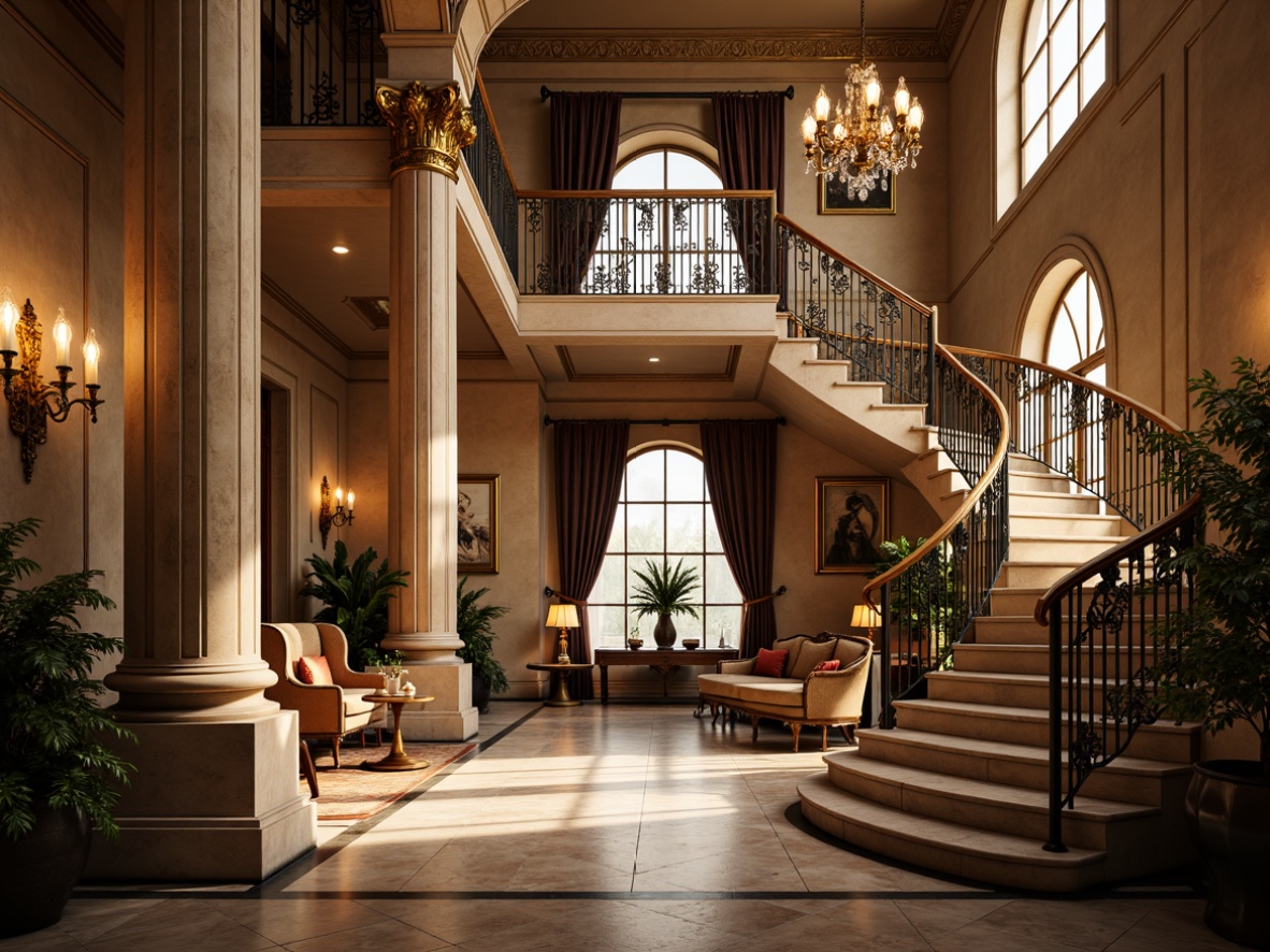 Prompt: Opulent mansion, grandiose facade, intricately carved stonework, ornate metal railings, lavish chandeliers, crystal droplets, marble flooring, rich velvet drapes, gilded accents, regal furnishings, imposing columns, sweeping staircases, majestic archways, warm golden lighting, soft focus, 1/1 composition, atmospheric perspective, realistic reflections.