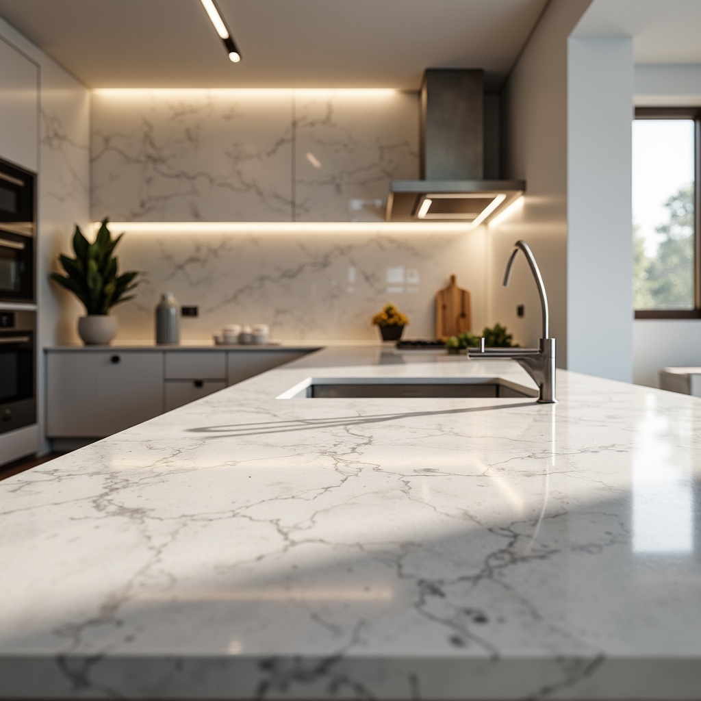 Prompt: Luxurious kitchen, marble countertops, white Carrara marble, grey veining, polished finish, high-gloss reflection, modern cabinetry, minimalist hardware, soft LED lighting, warm ambient glow, shallow depth of field, 3/4 composition, realistic textures, ambient occlusion.