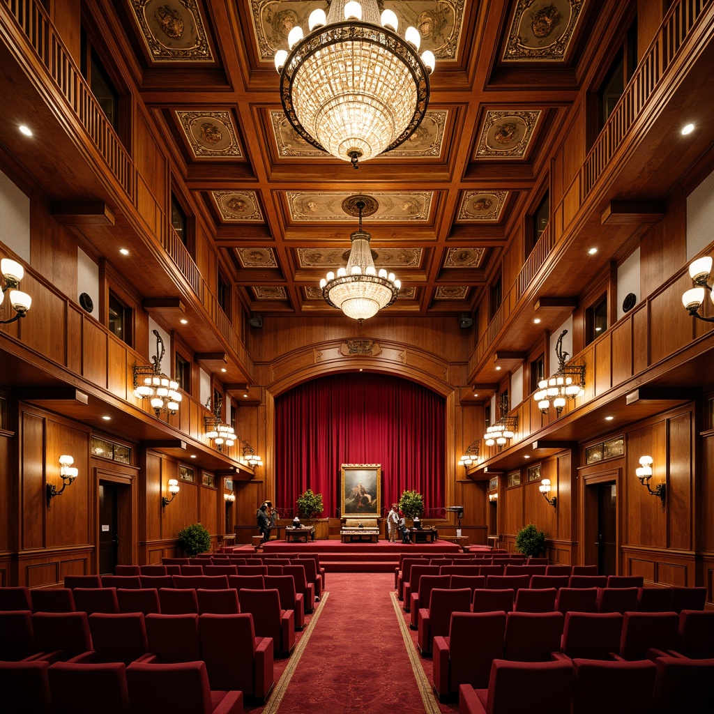 Prompt: Elegant auditorium interior, ornate wooden paneling, rich red velvet curtains, golden ornamental details, majestic chandeliers, tiered seating arrangement, traditional architectural style, warm ambient lighting, soft spotlighting, sound-absorbing materials, acoustic panels, optimal speaker placement, refined wood grain textures, intricate moldings, vintage decorative elements, grand entrance doors, luxurious carpets, subtle scent of old books, warm afternoon sunlight, shallow depth of field, 1/1 composition.