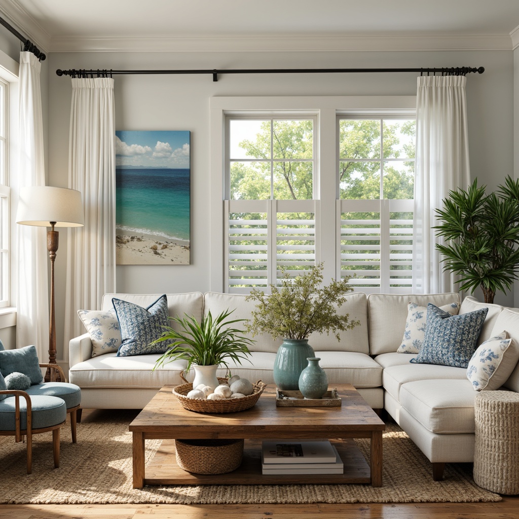 Prompt: Coastal-themed living room, driftwood coffee table, jute rug, natural fiber upholstery, ocean-inspired artwork, coral-patterned throw pillows, sea glass vases, woven seagrass baskets, distressed wood accents, nautical rope details, soft blue-green color palette, warm beachy lighting, sheer white curtains, plantation shutters, tropical plants, shell-adorned decorative accessories, vintage marine instruments, weathered wooden signs, sunny day, soft focus, shallow depth of field, 1/1 composition.