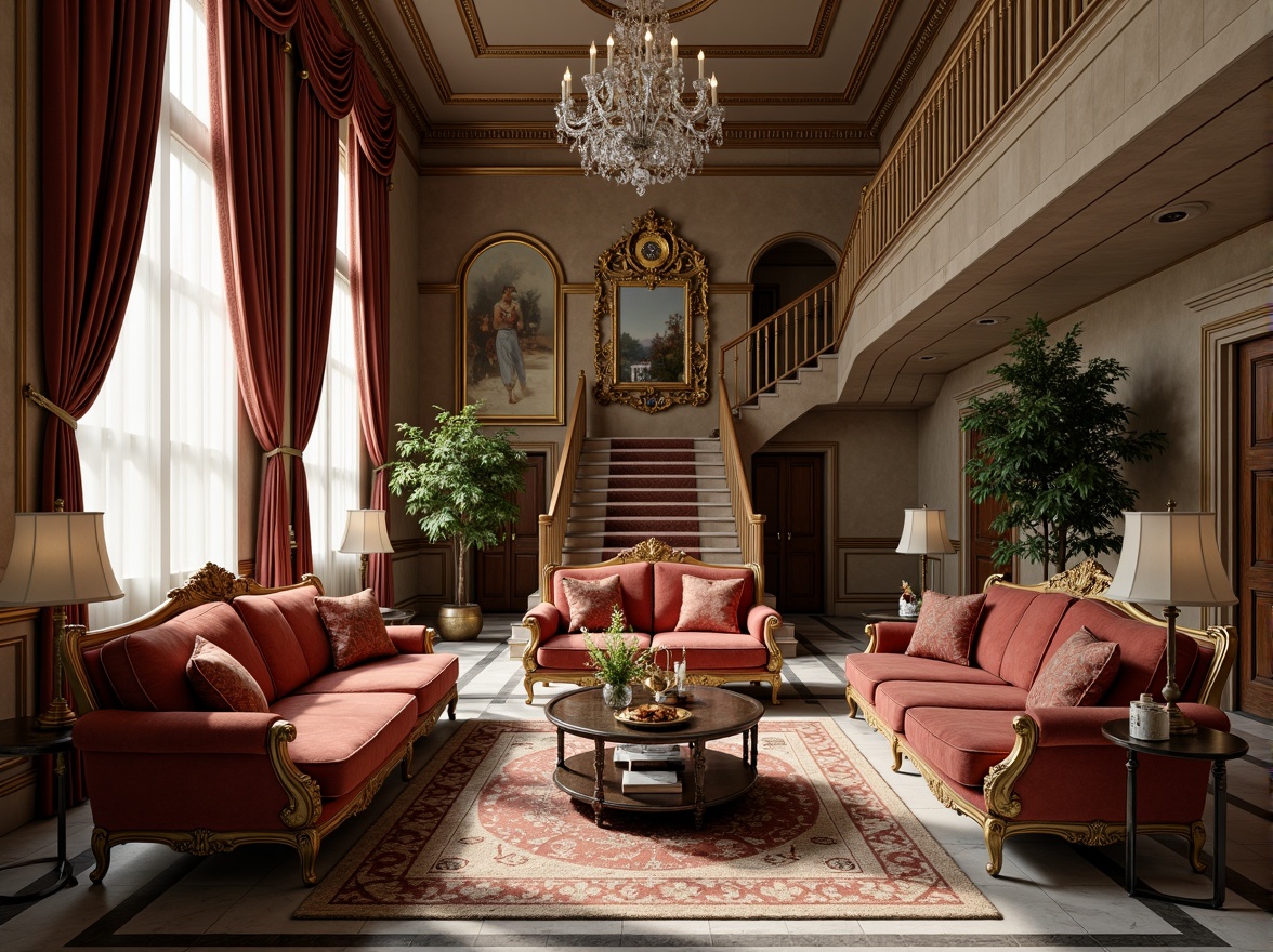 Prompt: Elegant neoclassical interior, ornate carved furniture, rich velvet upholstery, intricate patterns, gilded accents, crystal chandeliers, marble floors, high ceilings, grand staircase, luxurious fabrics, subtle color palette, soft warm lighting, 1/1 composition, realistic textures, ambient occlusion.