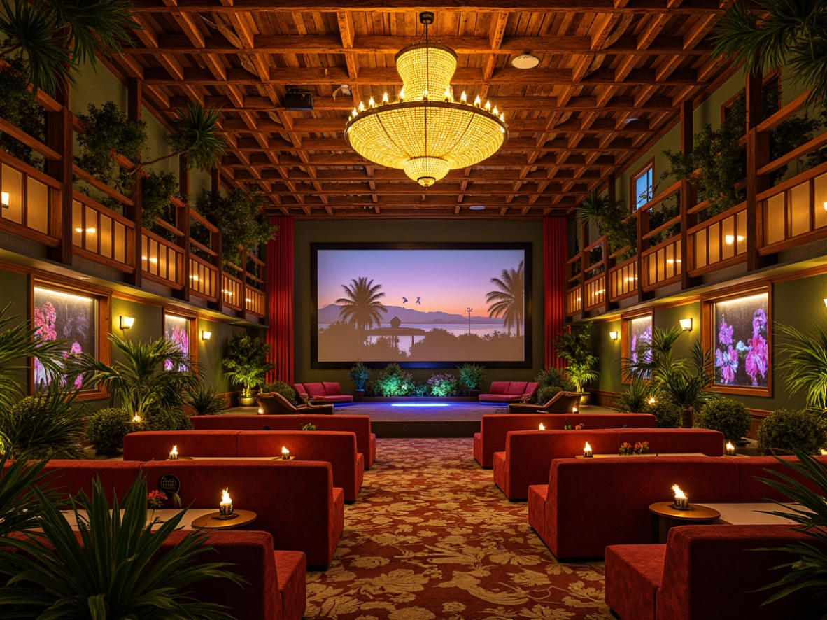 Prompt: Vibrant tropical theater, ornate chandeliers, warm golden lighting, rustic wooden accents, lush greenery, exotic flowers, colorful tiki torches, ambient LED lights, dimmable spotlights, cozy alcoves, plush velvet seating, rich wood paneling, Art Deco patterns, intricate metalwork, soft warm glow, dramatic high ceiling, grand entrance, luxurious atmosphere, cinematic experience, 1/2 composition, low-key lighting, warm color temperature.