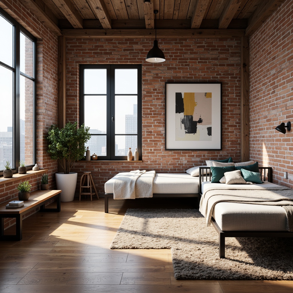 Prompt: Minimalist dorm room, wooden flooring, sleek metal frame beds, industrial chic decor, urban loft vibe, exposed brick walls, reclaimed wood accents, floor-to-ceiling windows, natural light pouring in, cozy reading nooks, plush area rugs, modern abstract artwork, geometric patterned textiles, bold color blocking, 1/1 composition, softbox lighting, shallow depth of field, realistic textures, ambient occlusion.